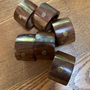 Six VINTAGE MCM Brass Wood Napkin Rings